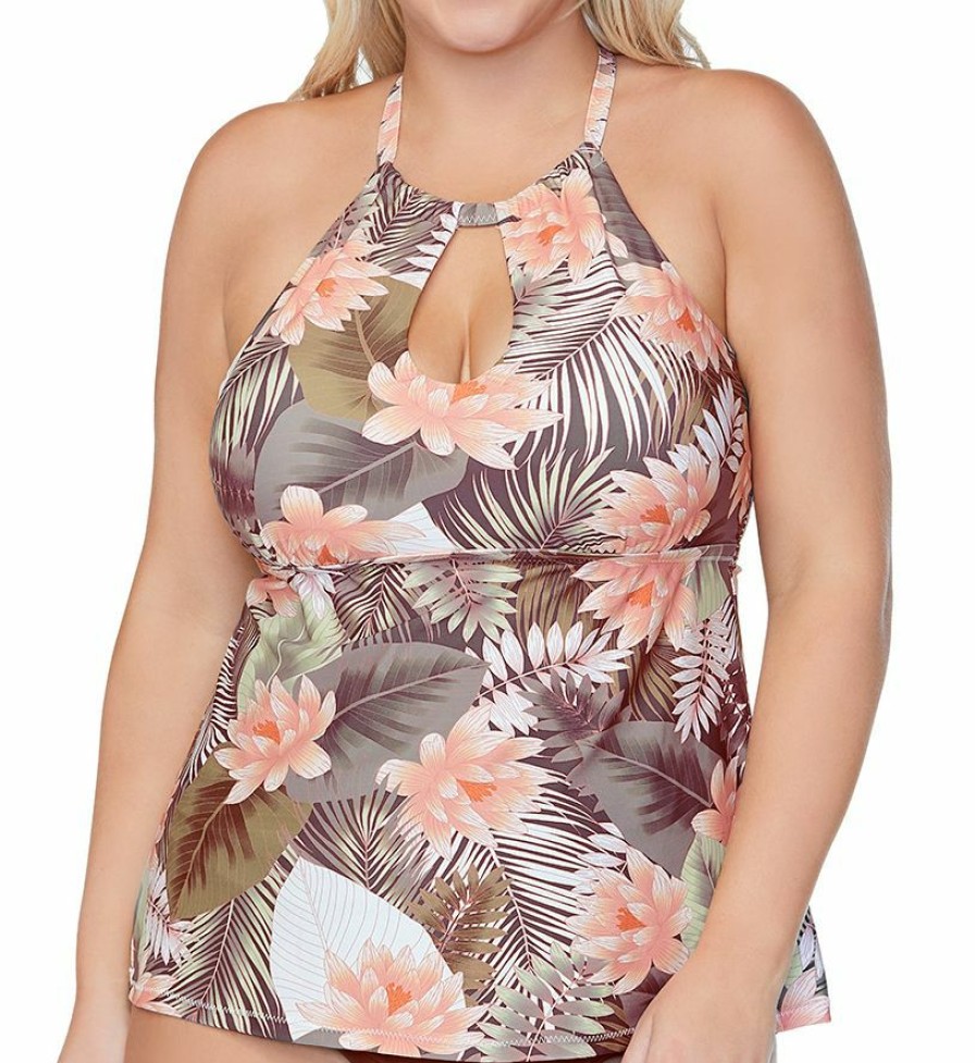 Swimwear * | Wholesale Raisins Curve Plus Size Laguna Rosalie Tankini Swim Top E840325 Sagebrush