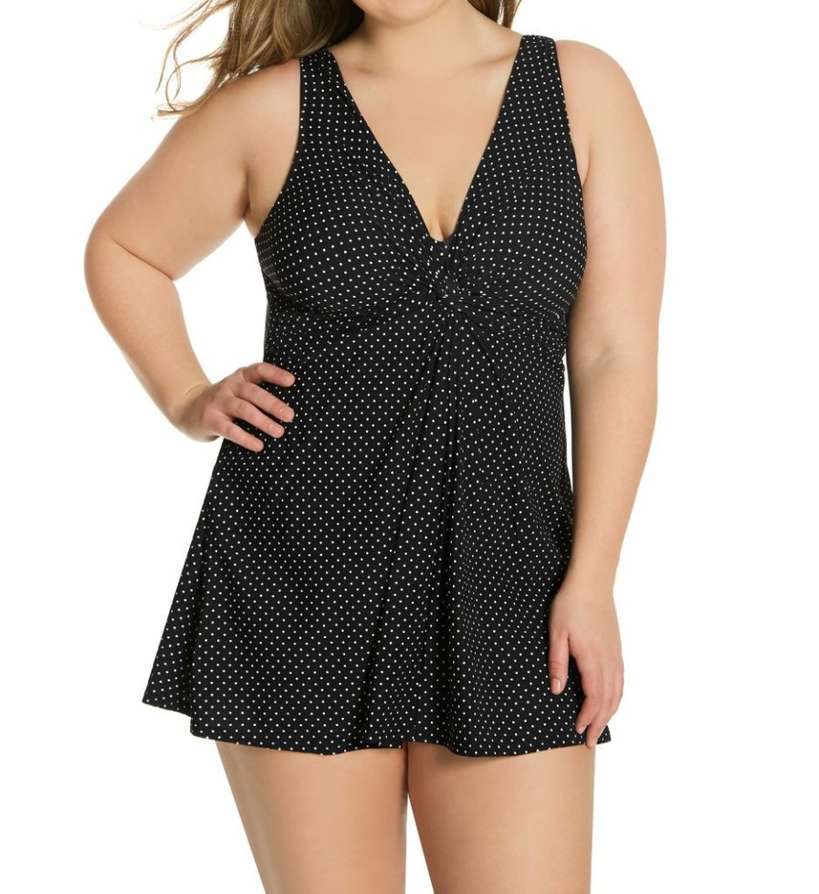 Swimwear * | Special Miraclesuit Plus Size Pin Point Marais One Piece Swimdress 6518835 Black/White