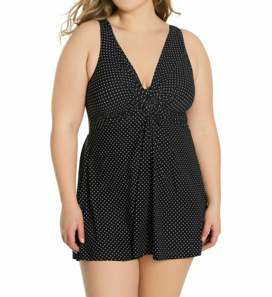 Swimwear * | Special Miraclesuit Plus Size Pin Point Marais One Piece Swimdress 6518835 Black/White