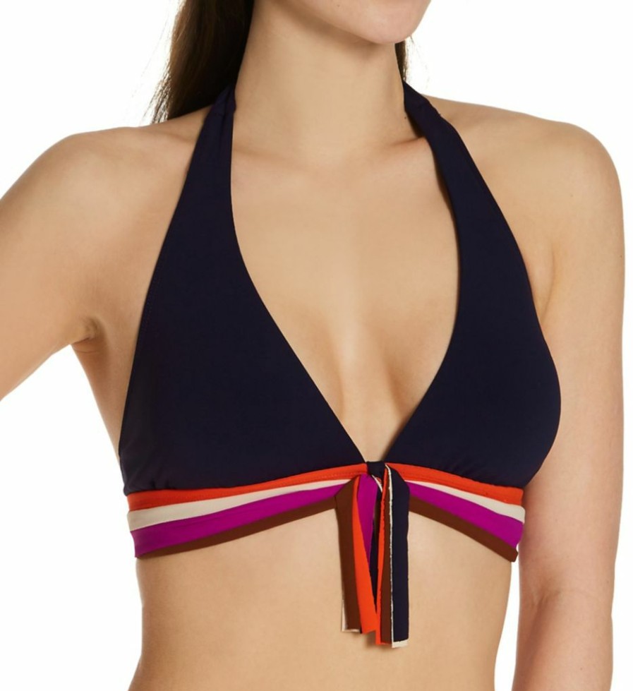 Swimwear * | Wholesale Robin Piccone Billie Front Tassel Halter Swim Top 215001 Navymulti