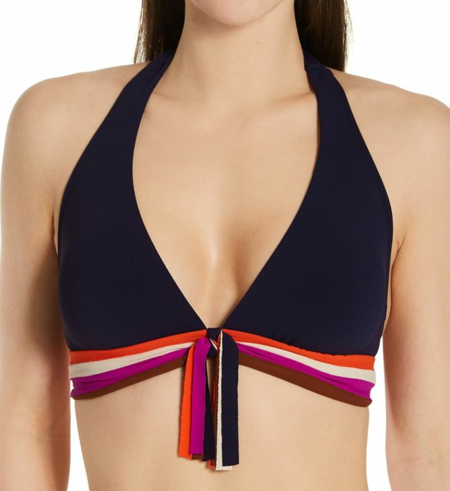 Swimwear * | Wholesale Robin Piccone Billie Front Tassel Halter Swim Top 215001 Navymulti