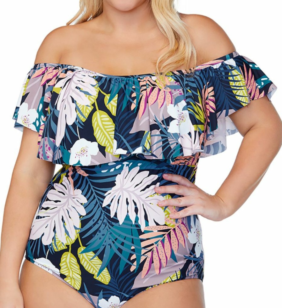 Swimwear * | Sales Raisins Curve Plus Whitehaven Bloom Tortuga One Piece Swimsuit E840981 Blackstone