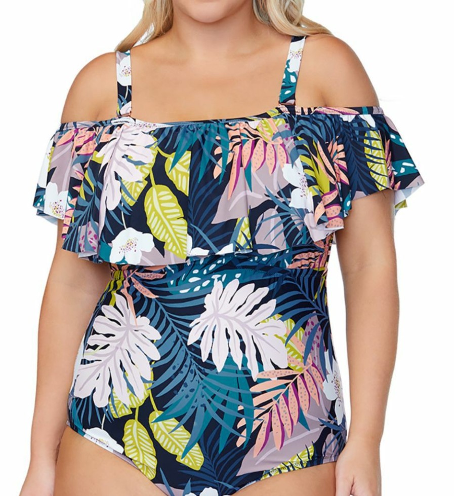 Swimwear * | Sales Raisins Curve Plus Whitehaven Bloom Tortuga One Piece Swimsuit E840981 Blackstone