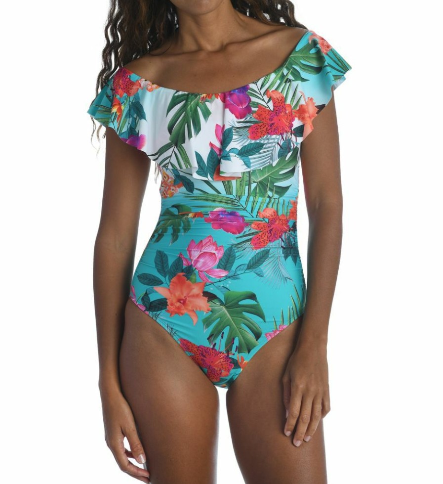 Swimwear * | Exclusive La Blanca Tropicalia Off Shoulder Mio One Piece Swimsuit Lb1Bm11 Brightaqua