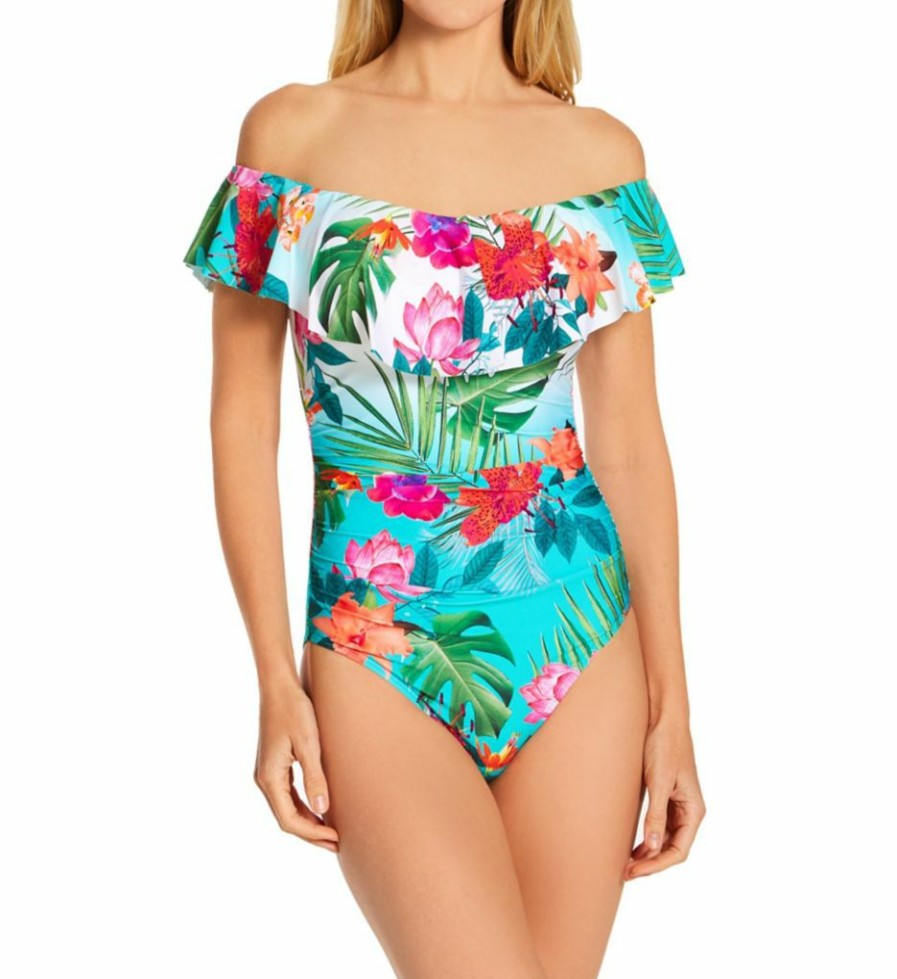 Swimwear * | Exclusive La Blanca Tropicalia Off Shoulder Mio One Piece Swimsuit Lb1Bm11 Brightaqua