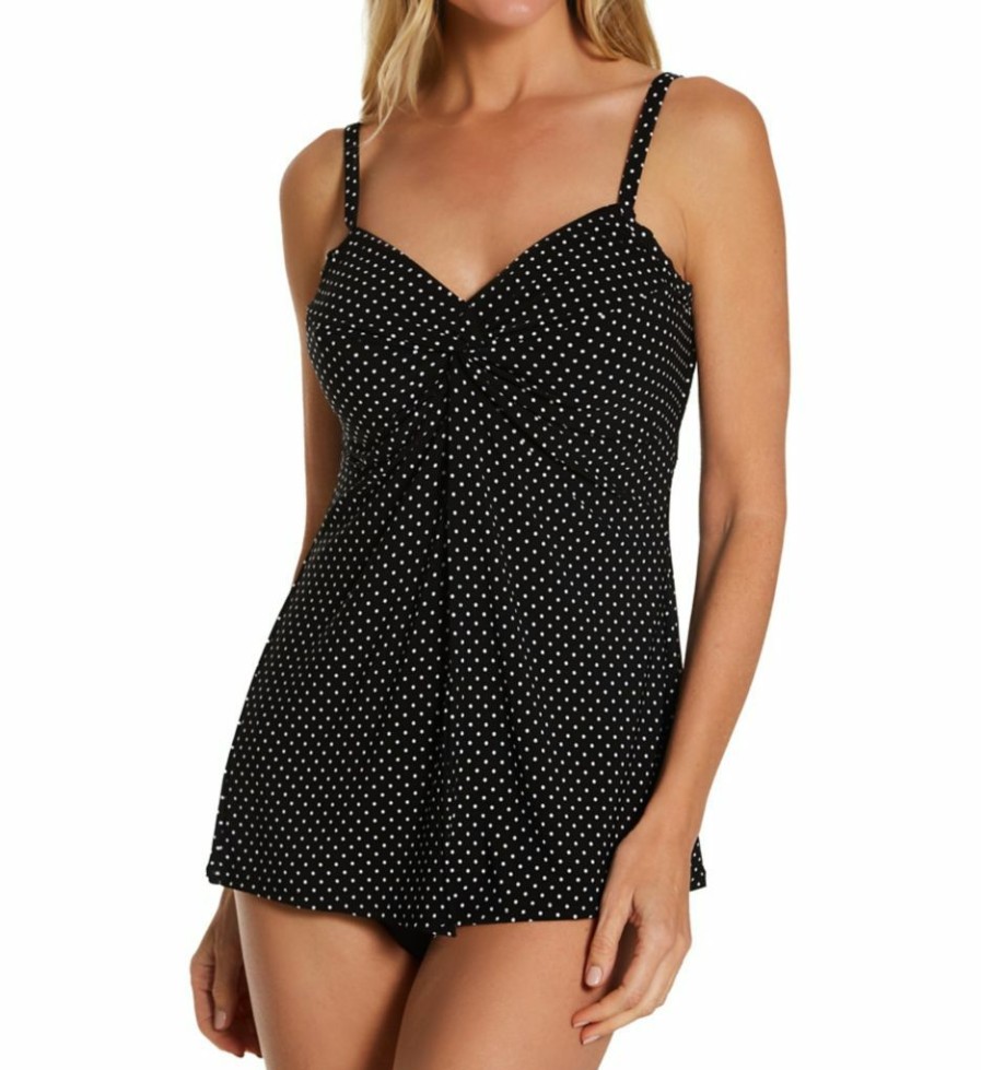 Swimwear * | Flash Sale Miraclesuit Must Haves Pin Point Love Knot Tankini Swim Top 6518547 Black/White