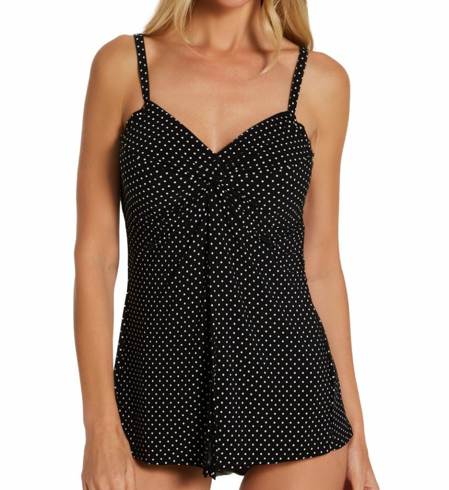 Swimwear * | Flash Sale Miraclesuit Must Haves Pin Point Love Knot Tankini Swim Top 6518547 Black/White