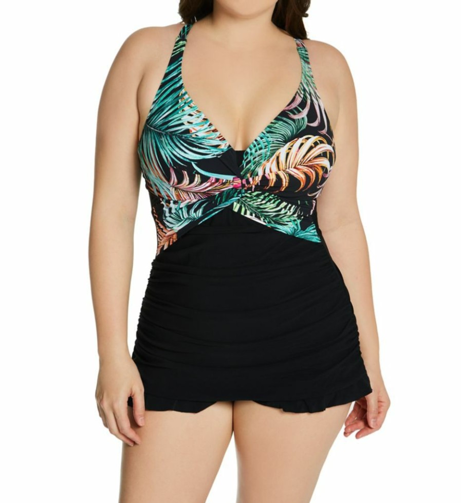 Swimwear * | Shop New Profile By Gottex Plus Size Tropico One Piece Swim Dress T2W01 Black