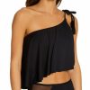 Swimwear * | Less Expensive Vince Camuto Mesh Cutouts One Shoulder Tankini Swim Top V94709 Black