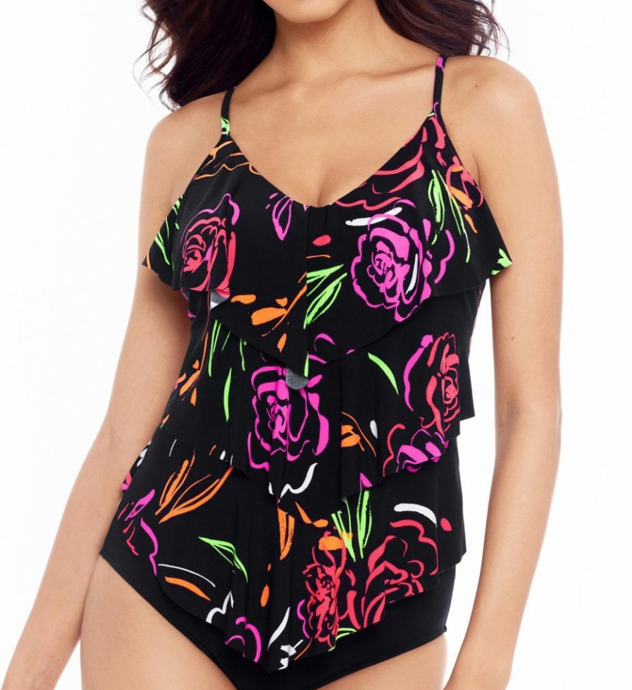 Swimwear * | 100% Guarantee Magicsuit Neon Nature Rita Tankini Swim Top 6010544 Blackmulti