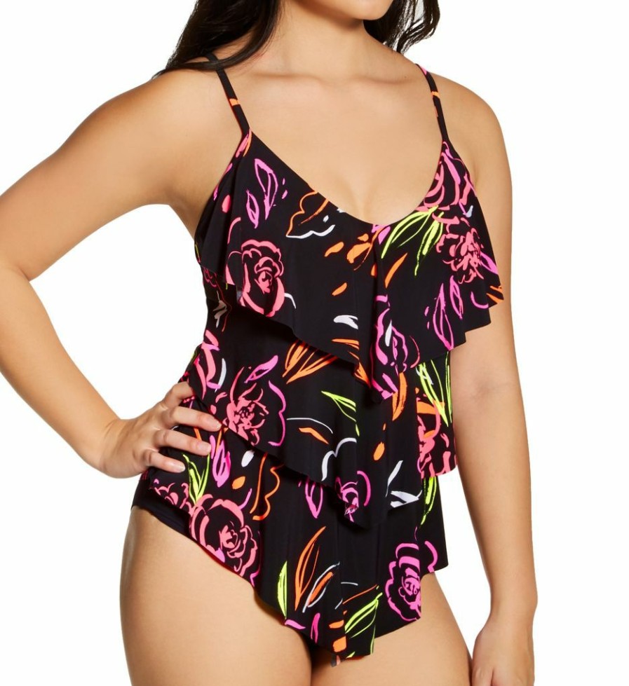 Swimwear * | 100% Guarantee Magicsuit Neon Nature Rita Tankini Swim Top 6010544 Blackmulti