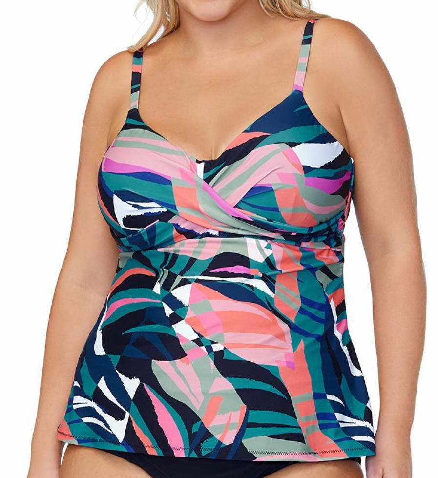 Swimwear * | Fashionable Raisins Curve Plus Size Crystal Cove Aries Tankini Swim Top E841140 Blackstone