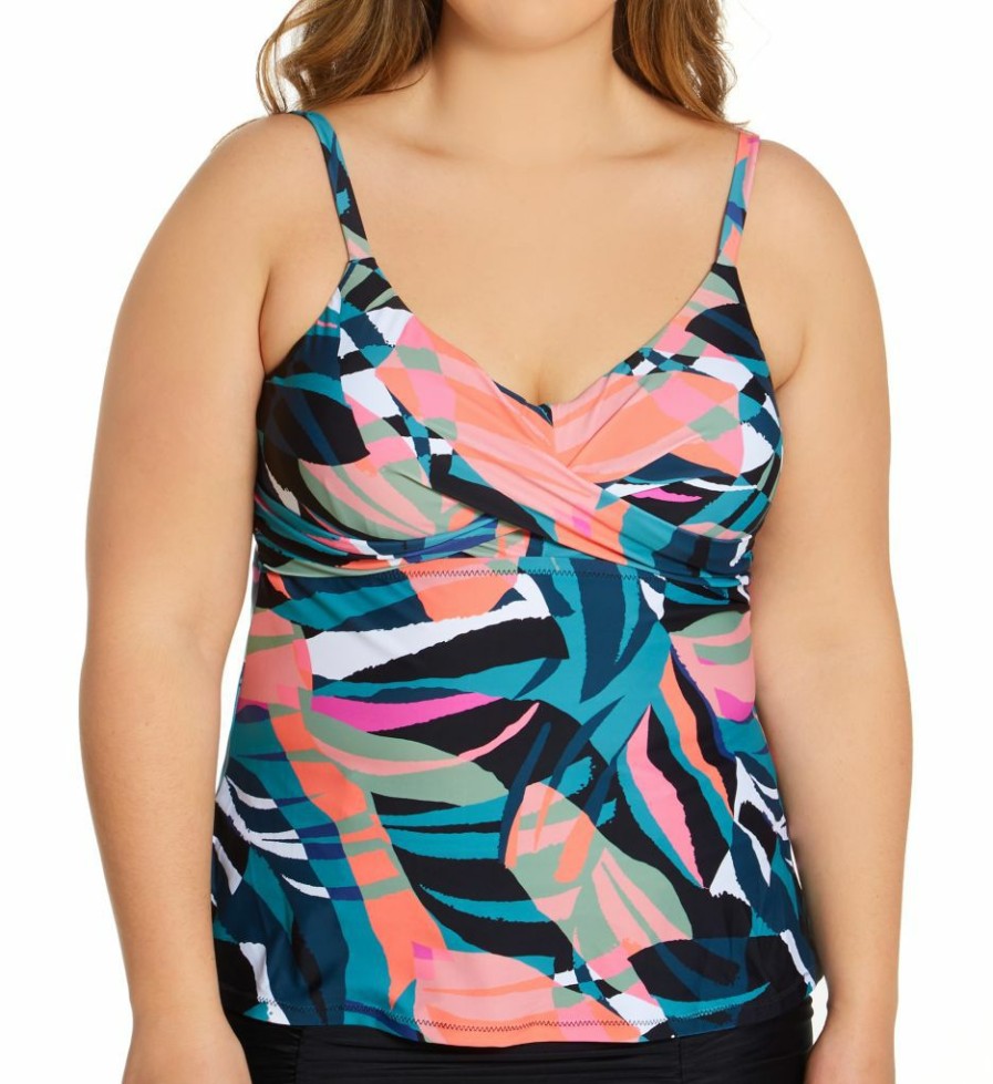 Swimwear * | Fashionable Raisins Curve Plus Size Crystal Cove Aries Tankini Swim Top E841140 Blackstone