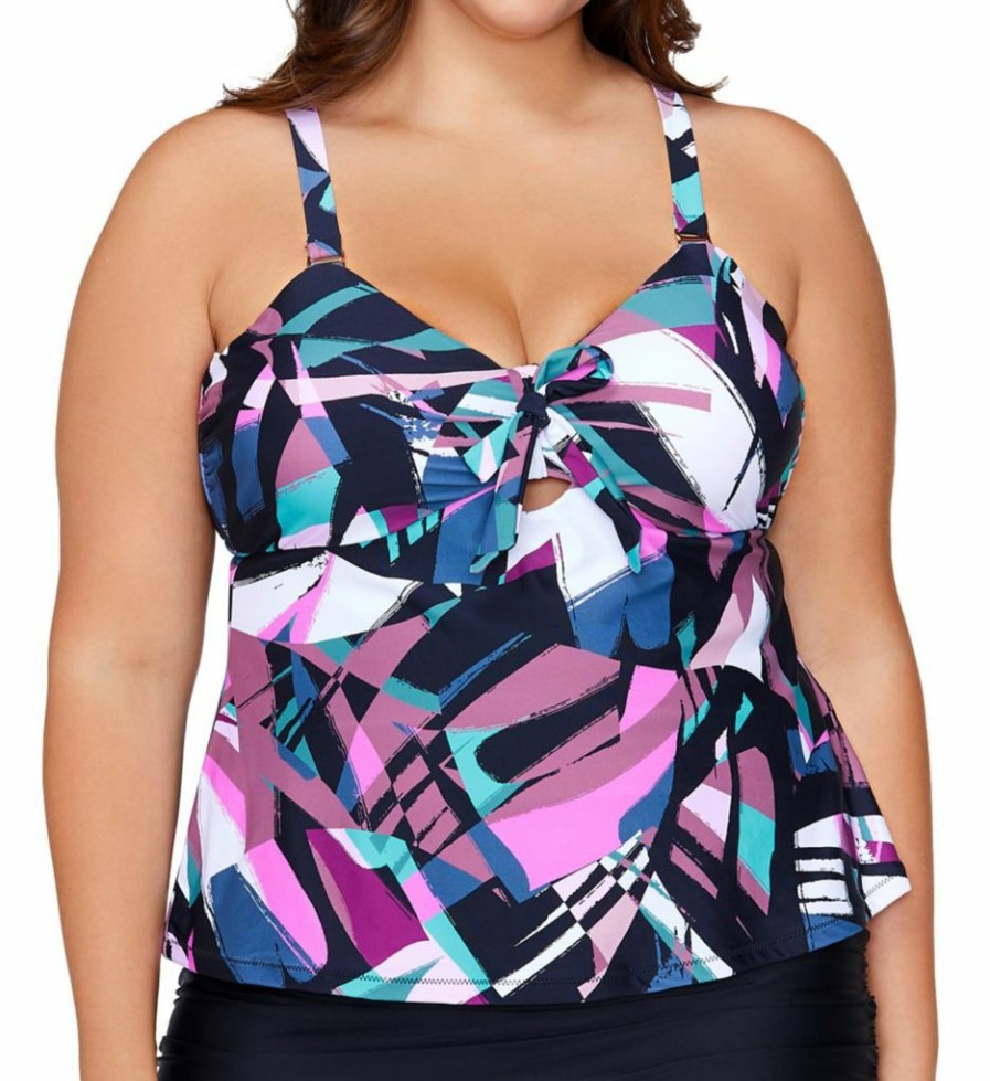 Swimwear * | 100% Guarantee Raisins Curve Plus Size Stir It Up Zanzibar Tankini Swim Top G840445 Blackash