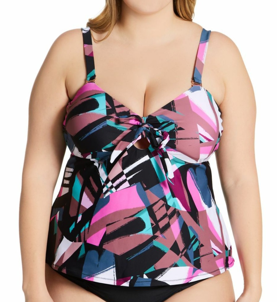 Swimwear * | 100% Guarantee Raisins Curve Plus Size Stir It Up Zanzibar Tankini Swim Top G840445 Blackash