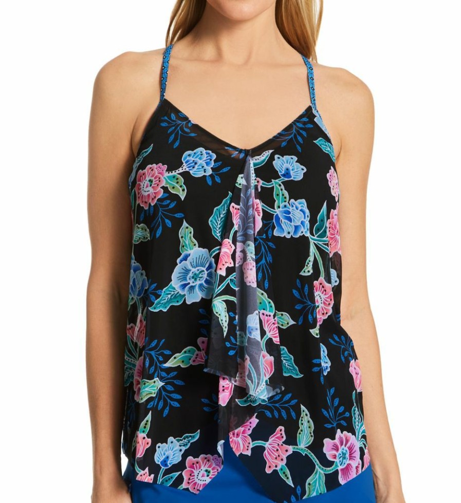 Swimwear * | Shop New Beach House Floral Fantasy Kerry Mesh Layer Tankini Swim Top H04893 Blackmulti