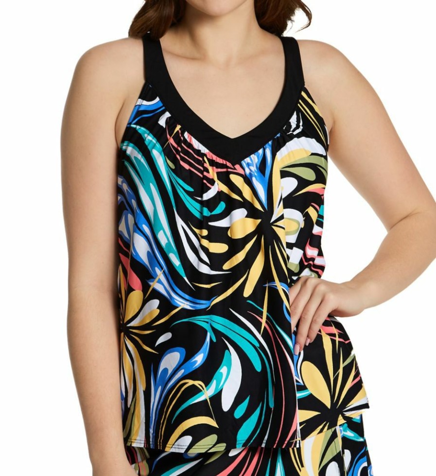 Swimwear * | Discount Coco Reef Retro Swirl V-Neck Bra Sized Tankini Swim Top U69382 Castawayblack