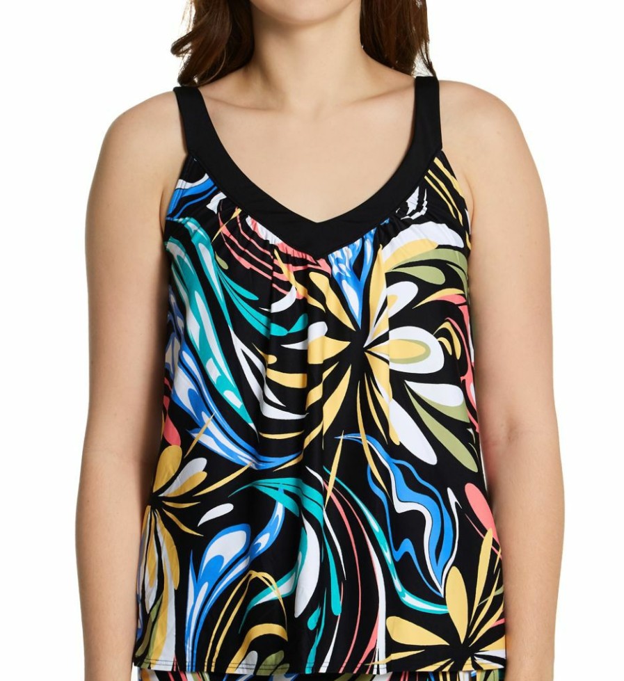 Swimwear * | Discount Coco Reef Retro Swirl V-Neck Bra Sized Tankini Swim Top U69382 Castawayblack