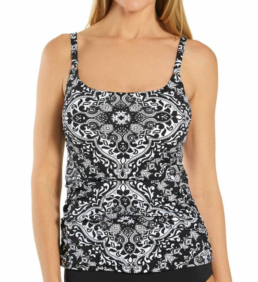 Swimwear * | 100% Guarantee Jantzen Marvelous Medallion Cami Tankini Swim Top 21085T Black