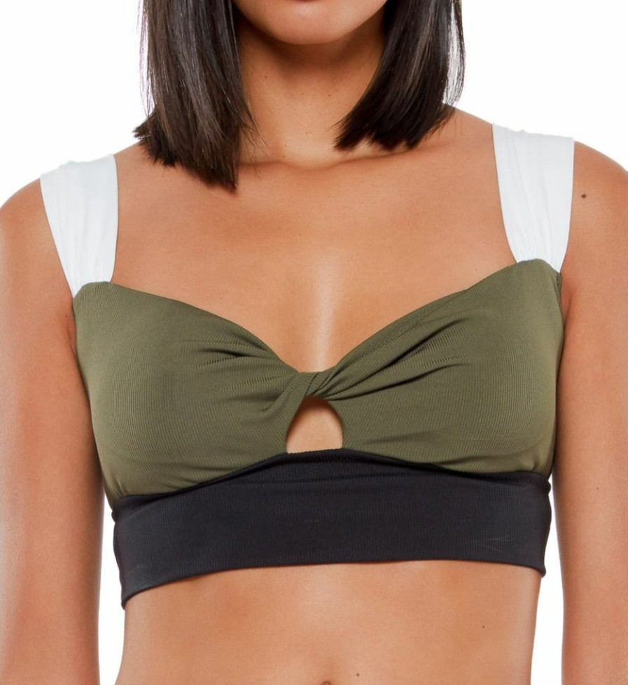 Swimwear * | Special Sanctuary Block Party Twist Crop Bra Swim Top Bp21405 Black/White/Green