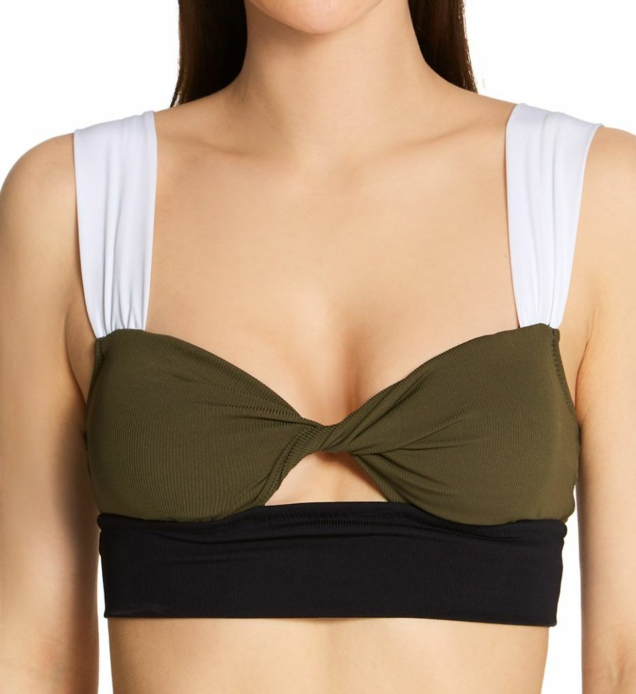 Swimwear * | Special Sanctuary Block Party Twist Crop Bra Swim Top Bp21405 Black/White/Green