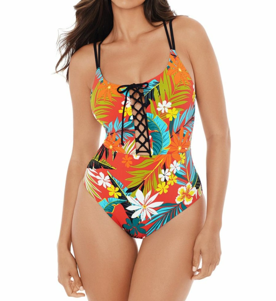 Swimwear * | Discount Skinny Dippers Wiki Tiki Suga Babe Lace Up One Piece Swimsuit 6533375 Hibiscus