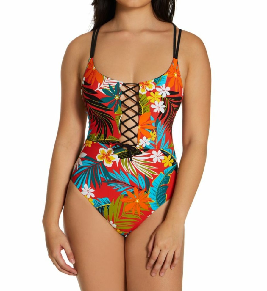 Swimwear * | Discount Skinny Dippers Wiki Tiki Suga Babe Lace Up One Piece Swimsuit 6533375 Hibiscus