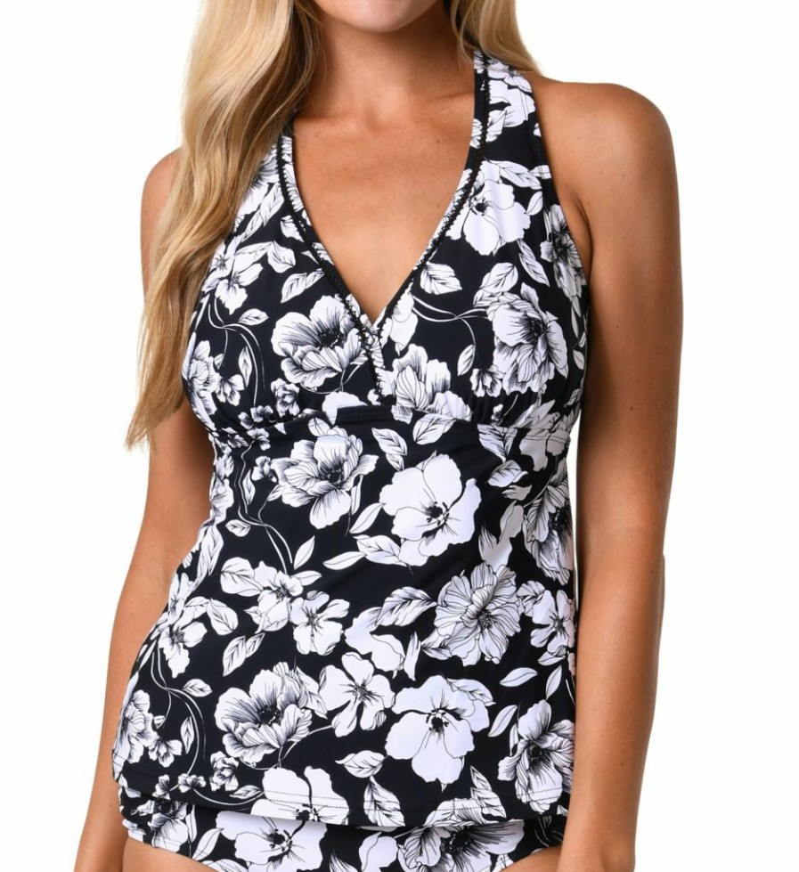 Swimwear * | New Jantzen Art House Flower Trim H Back Tankini Swim Top 22064T Black