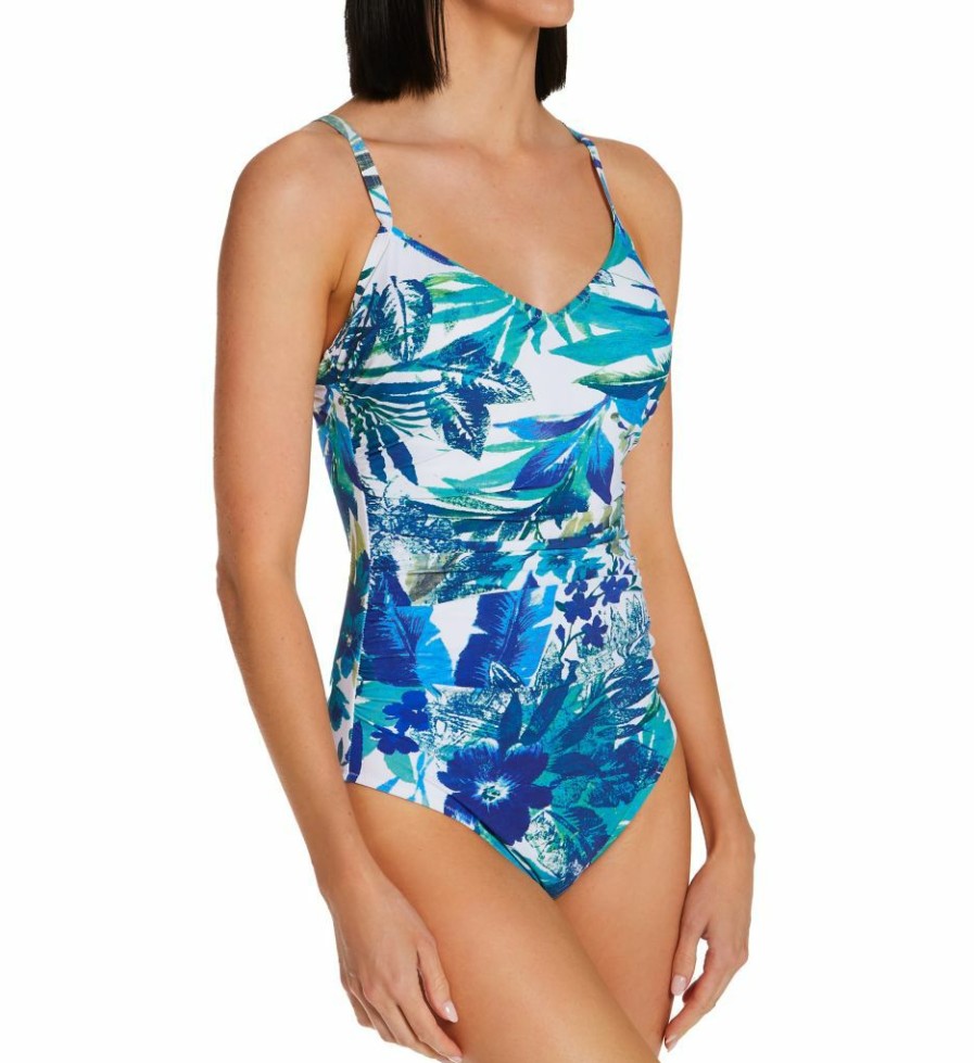 Swimwear * | Closeout Sale Profile By Gottex Escape In Bali D Cup V Neck One Piece Swimsuit B2D41 Whiteblue