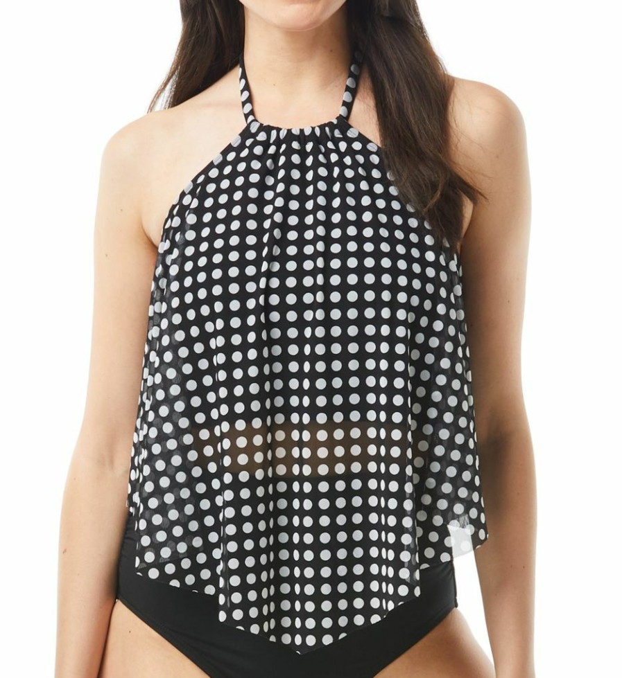 Swimwear * | Discount Coco Reef Riviera Dot Aura Mesh Ruffle Crop Tankini Swim Top U78219 Castawayblack