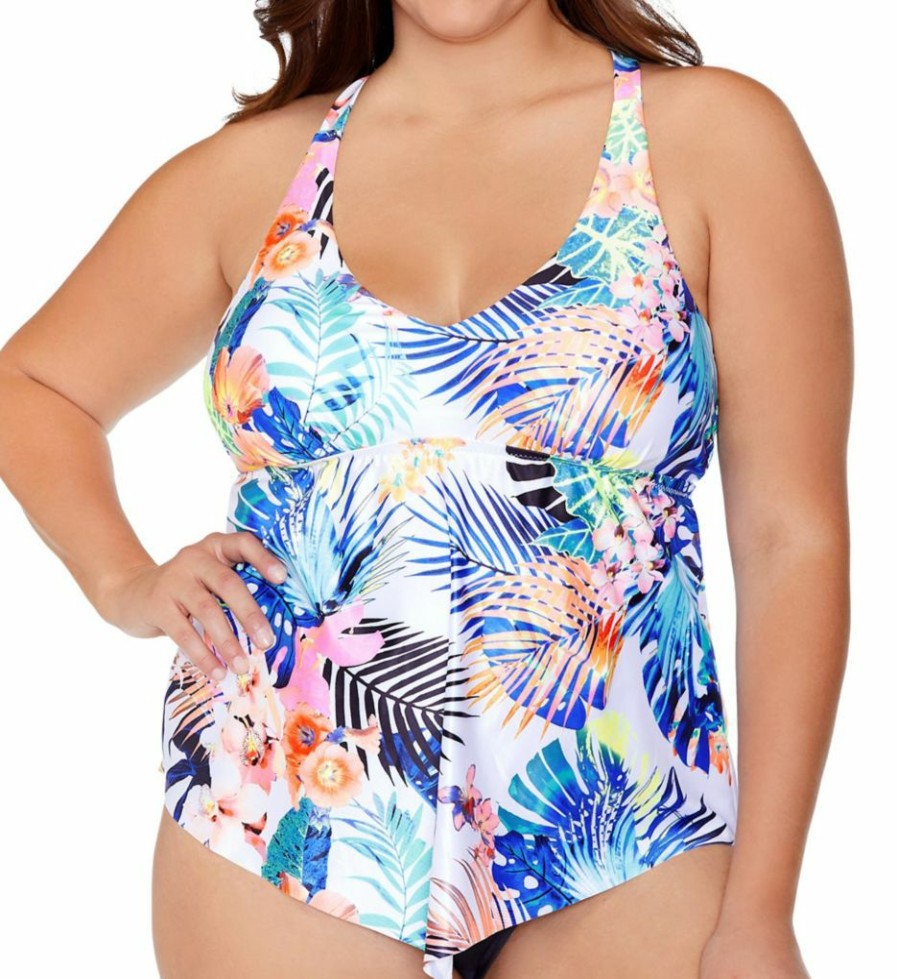 Swimwear * | Best Sale Raisins Curve Plus Size Haleiwa Trinidad Tankini Swim Top G840521 Whitehaven