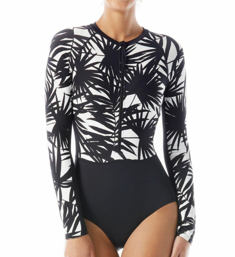 Swimwear * | Wholesale Beach House Seaside Palm Sculpt Long Sleeve One Piece Swimsuit H86980 Black