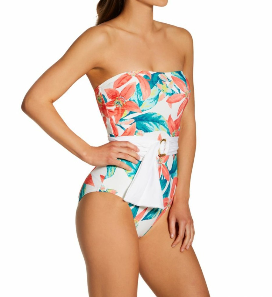 Swimwear * | Excellent Vince Camuto Wild Oleander Belted Bandeau One Piece Swimsuit V83679 White