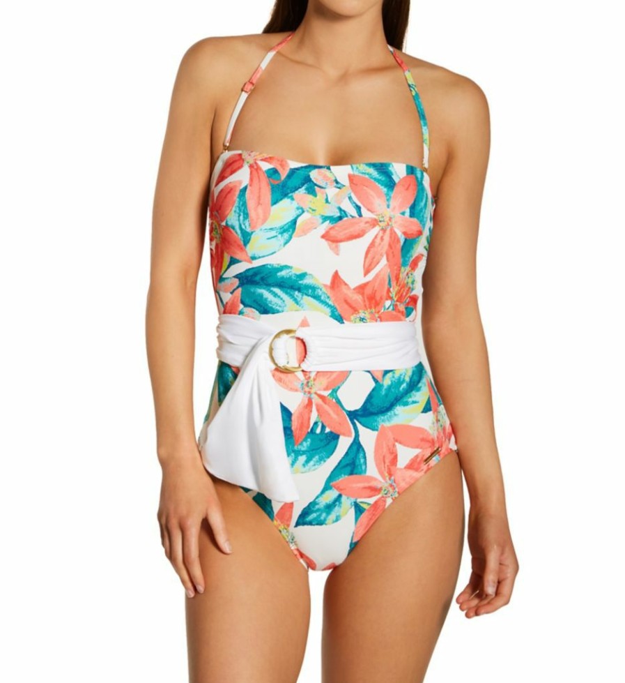 Swimwear * | Excellent Vince Camuto Wild Oleander Belted Bandeau One Piece Swimsuit V83679 White