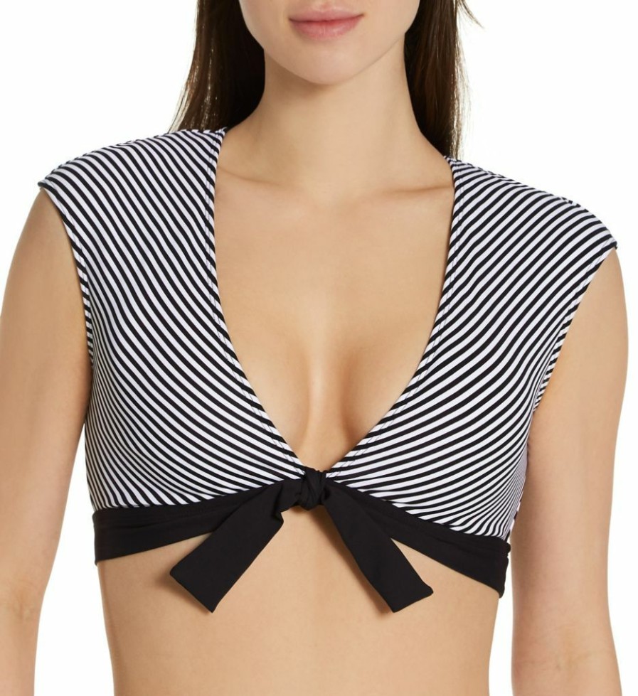 Swimwear * | 100% Guarantee Bleu Rod Beattie Inside The Lines Tie Front Cap Sleeve Swim Top N21673 Black