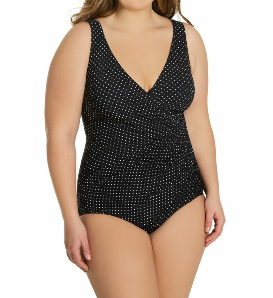 Swimwear * | Excellent Miraclesuit Plus Size Pin Point Oceanus One Piece Swimsuit 6518988 Black/White