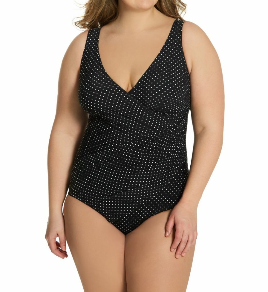 Swimwear * | Excellent Miraclesuit Plus Size Pin Point Oceanus One Piece Swimsuit 6518988 Black/White