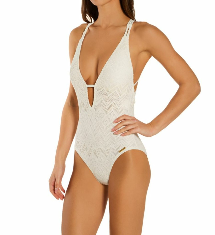 Swimwear * | Best Sale Vince Camuto Crochet Lace Plunging V Neck One Piece Swimsuit V90713 Ivory