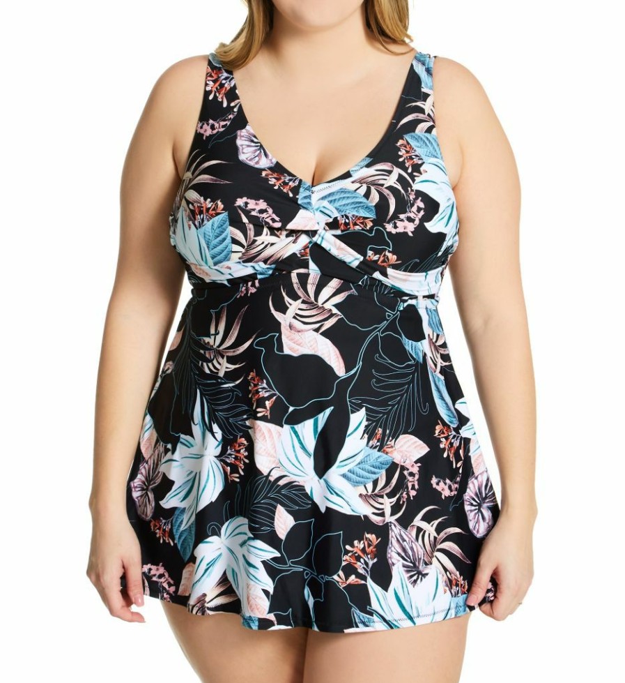 Swimwear * | Less Expensive Raisins Curve Plus Size Monteluz Lucia Swim Dress G840385 Blacksand