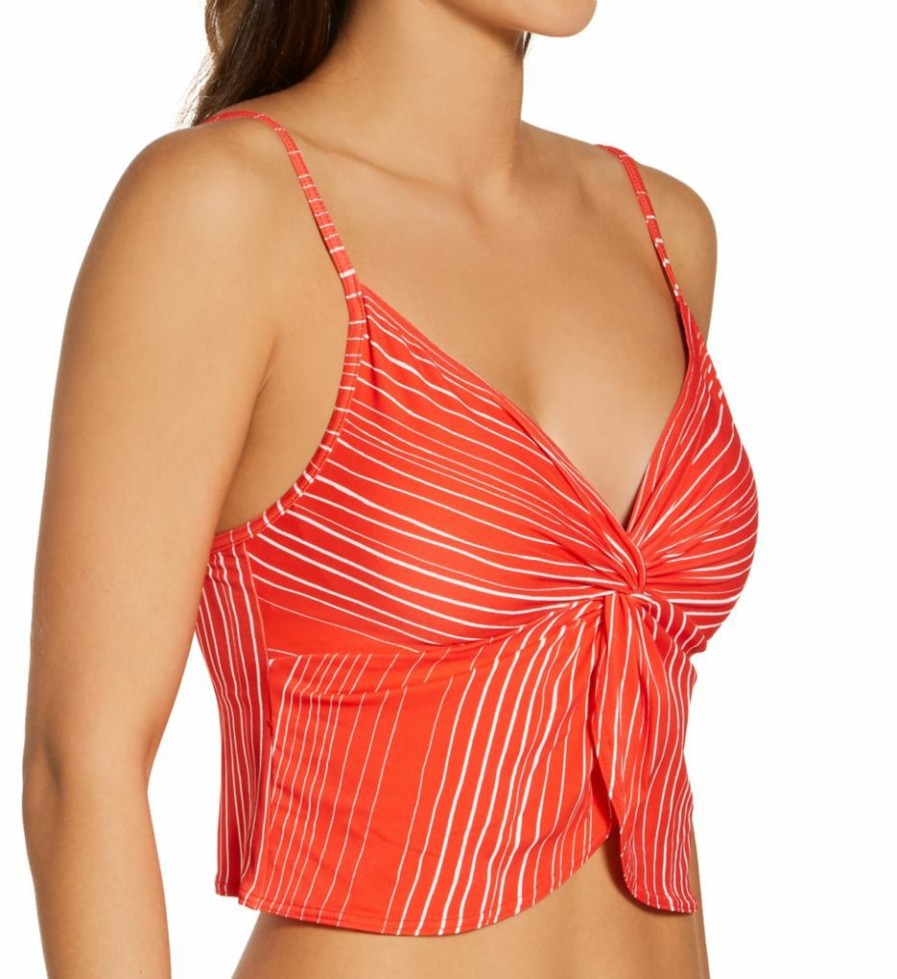 Swimwear * | Reliable Quality Vince Camuto Savona Stripe Knotted Crop Tankini Swim Top V82687 Poppy