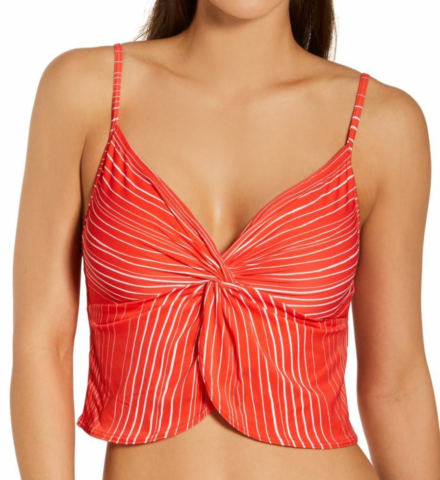 Swimwear * | Reliable Quality Vince Camuto Savona Stripe Knotted Crop Tankini Swim Top V82687 Poppy