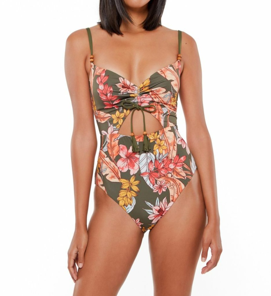 Swimwear * | Closeout Sale Sanctuary Organic Botanic Keyhole Mio One Piece Swimsuit Ob21203 Fatiguegreen