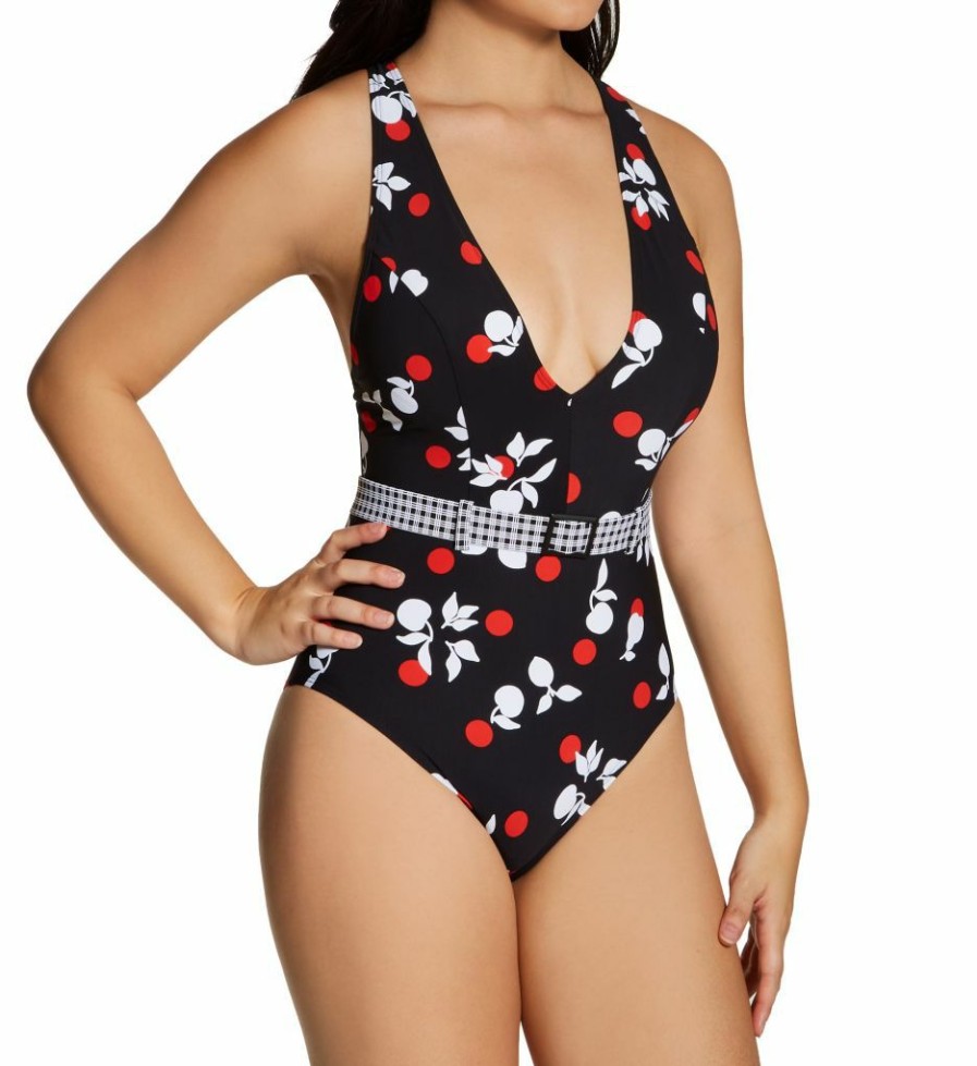 Swimwear * | Discount Skinny Dippers Fruiti Tutti Thrill Belted One Piece Swimsuit 6533345 Black