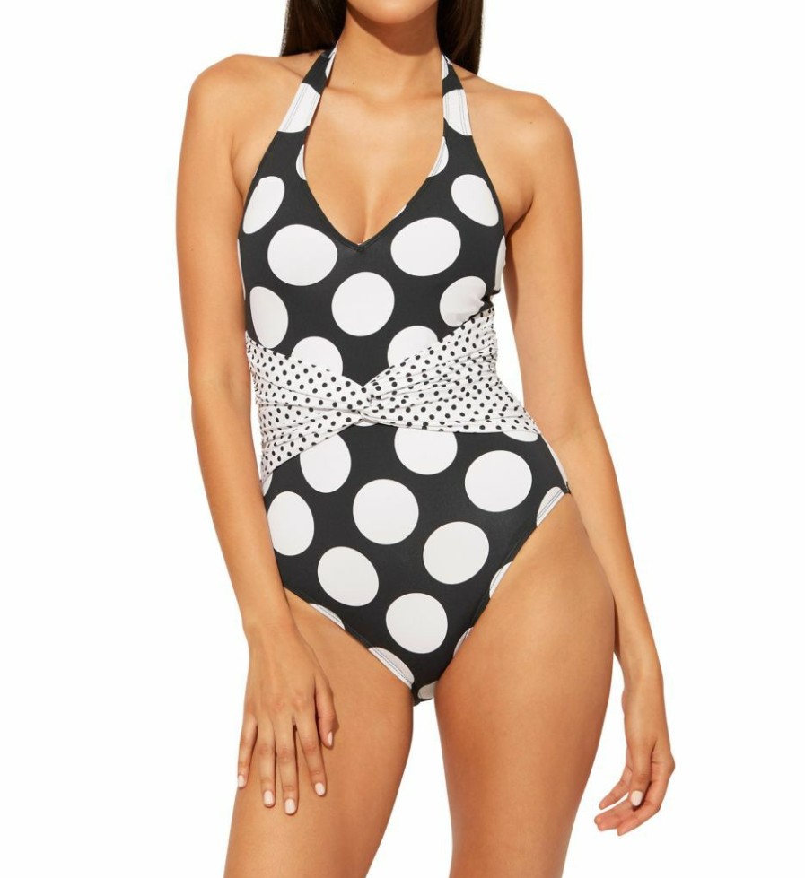 Swimwear * | Discount Bleu Rod Beattie Let'S Get Dotty Plunge Mio One Piece Swimsuit D21793 Black/White