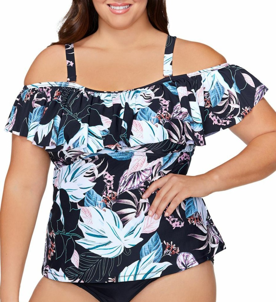 Swimwear * | Fashionable Raisins Curve Plus Size Monteluz Tortuga Tankini Swim Top G840323 Blacksand