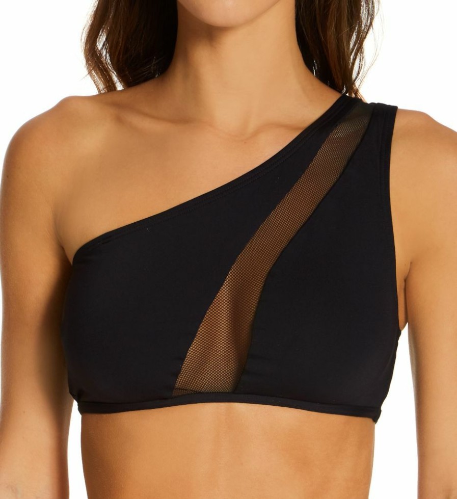 Swimwear * | Online Discount Vince Camuto Mesh Cutouts One Shoulder Mesh Bikini Swim Top V94721 Black