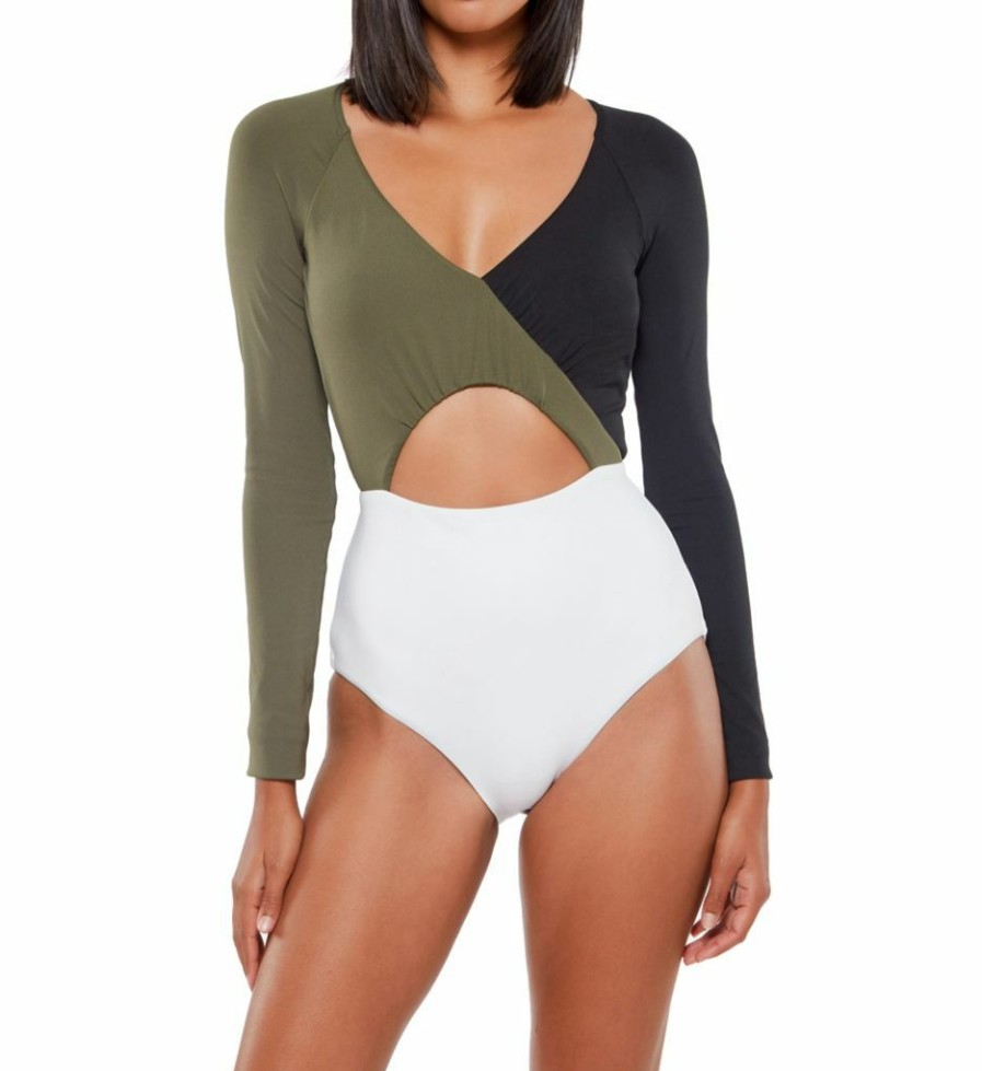 Swimwear * | Sales Sanctuary Block Party Long Sleeve One Piece Swimsuit Bp21219 Black/White/Green