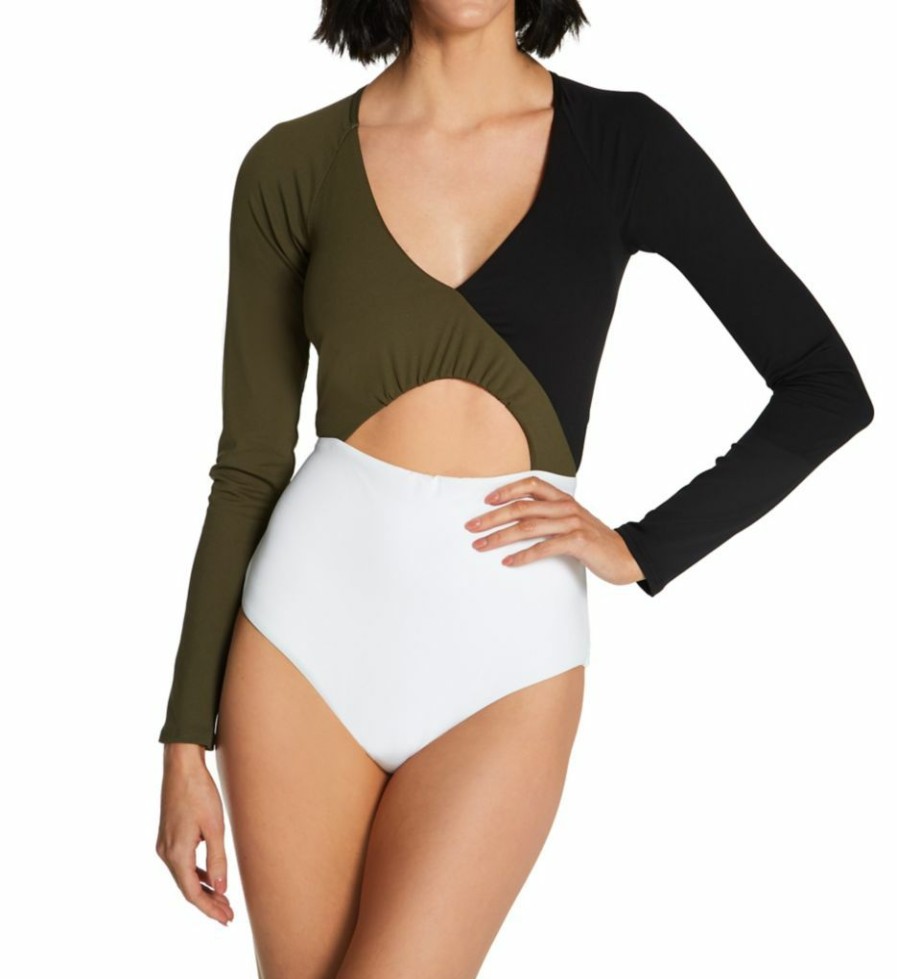 Swimwear * | Sales Sanctuary Block Party Long Sleeve One Piece Swimsuit Bp21219 Black/White/Green