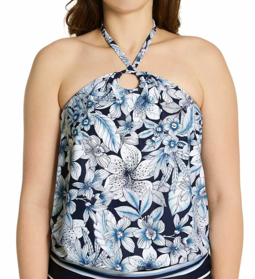 Swimwear * | Reliable Quality Coco Reef Botanical Oasis Maven High Neck Tankini Swim Top U63036 Navycaptain