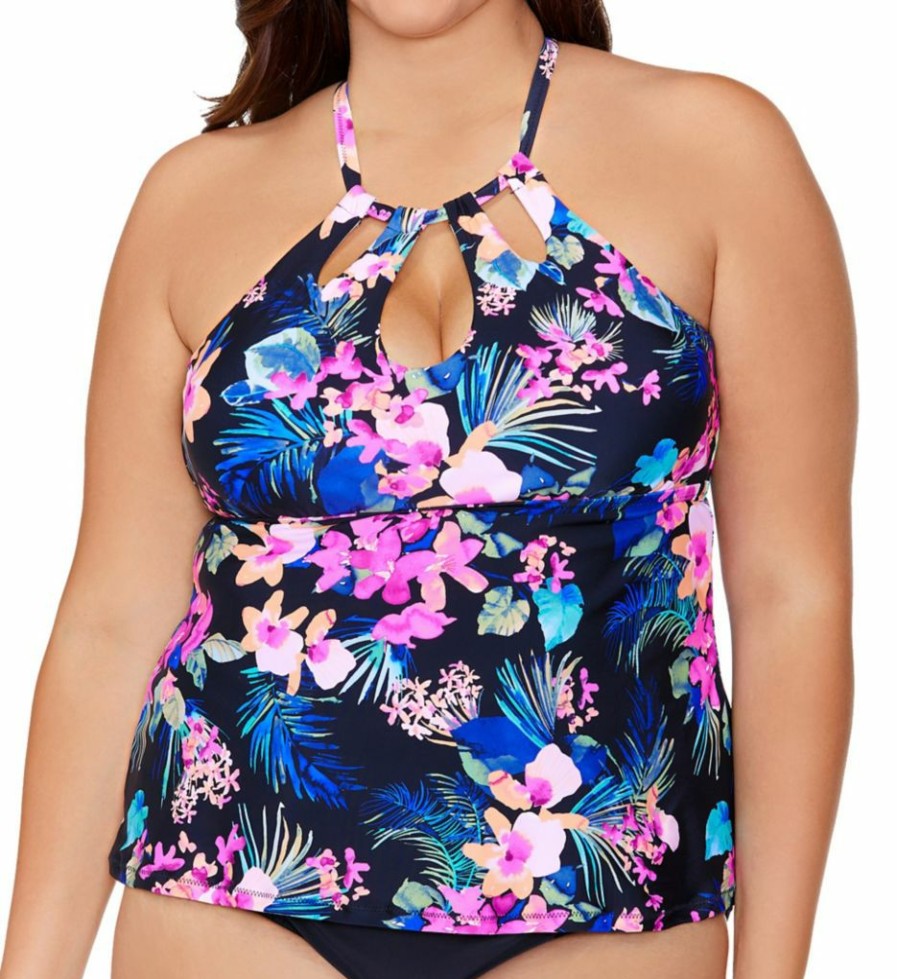 Swimwear * | Fashionable Raisins Curve Plus Size Freshwater Rosalie Tankini Swim Top G840215 Blacksand